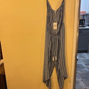 Blue Island Beach Striped tassel  Women's Jumpsuit open front legs NWT